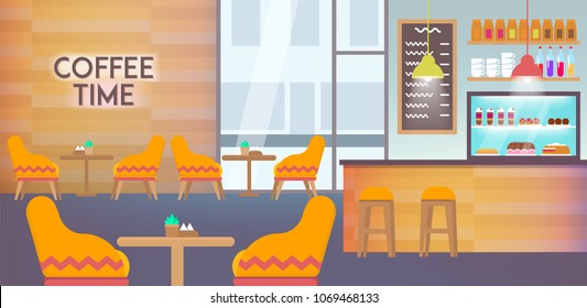 Moderno Café Interior Vacío Sin Gente Dentro. Restaurante nuevo con una gran ventana y cómodas sillas. Ilustración de vectores estéticos