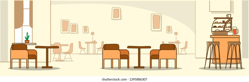 Modern Cafe Interior Empty No People Cafeteria With Furniture Sketch Doodle Horizontal Banner