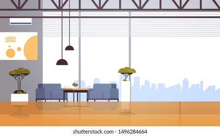 modern cafe interior empty no people restaurant cafeteria design panoramic window modern cityscape view flat horizontal