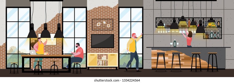Modern Cafe Interior in loft style with full of customer