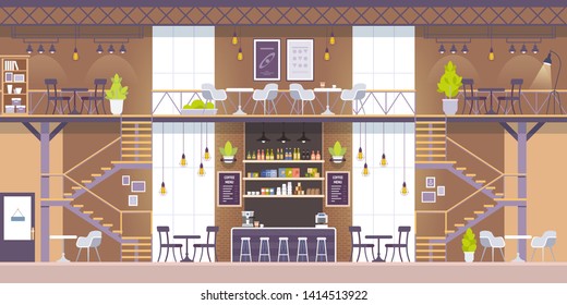 Modern cafe interior in loft style. Empty no people. Restaurant flat vector illustration 