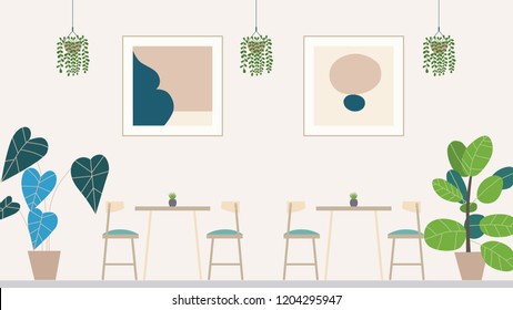 Modern Cafe Interior. No People Restaurant. Flat Vector Illustration. Furniture and Accessories, including  paintings, chairs, dining tables and various plants