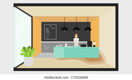 La moderna perspectiva del interior de la cafetería. Color cálido. Ilustración vectorial plana.
