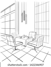 Modern cafe interior sketch. Vector illustration.