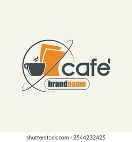 Modernes Café-Logo-Design mit einer Tasse Kaffee und Papierkram