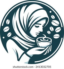 modern cafe logo of a woman wearing a hijab holding coffee