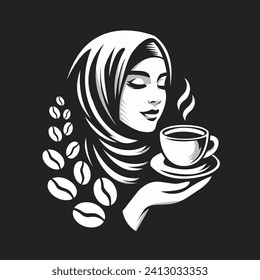 modern cafe logo of a woman wearing a hijab holding coffee