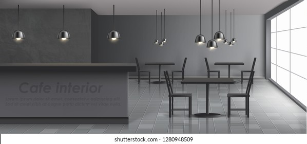 Modern cafe minimalistic design interior realistic vector banner. Bar counter, chairs and tables on tiled floor, big window, hanging ceiling-mounted lamps with black metal lampshades illustration