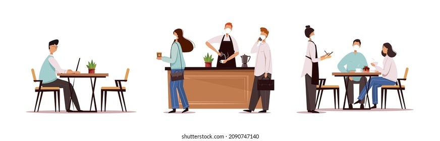 Café moderno en tiempo de cuarentena. Jóvenes descansando y trabajando en un café a una distancia segura. Enmascarado en una cafetería