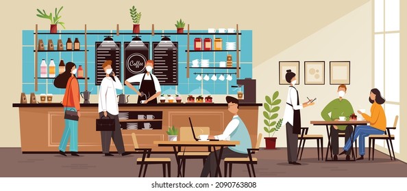 Modern cafe in quarantine time. Young people resting and working in a cafe at a safe distance. Masked in a cafeteria