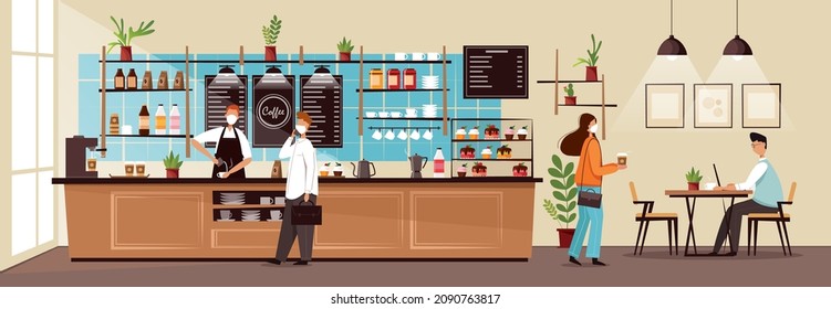 Modern cafe in quarantine time. Young people resting and working in a cafe at a safe distance. Masked in a cafeteria