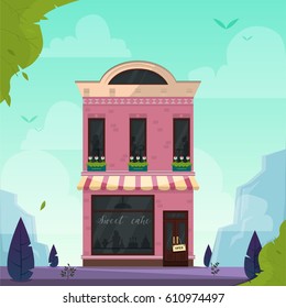 Modern cafe, restaurant, coffee shop, bakery, pizzeria building. Vector illustration. Nature landscape background. Cartoon flat style. Pink and violet colors. For logo design, branding, poster.
