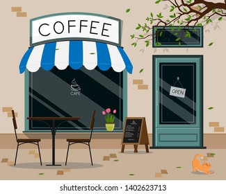 Modern cafe shop exterior, street cafe outdoor terrace flat design, vector illustration