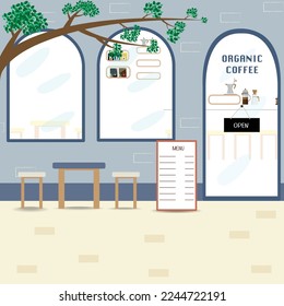Modern cafe shop exterior, street cafe outdoor terrace flat design, vector illustration.