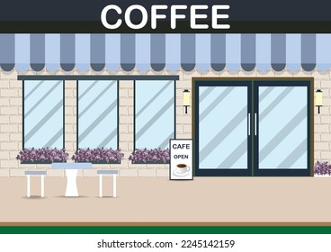 Modern cafe shop exterior, street cafe outdoor terrace flat design, coffee shop.vector illustration.