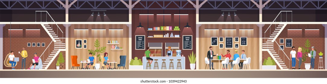 Modern Cafe with young people. Interior Restaurant. Creative Office Coworking Center. University Campus. Modern Workplace. Coffee shop with bar counter, table and chairs. Vector Illustration