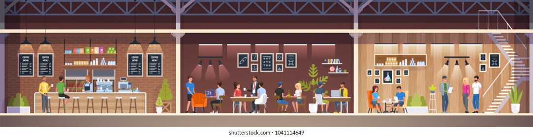 Modern Cafe with young people. Interior Restaurant. Creative Office Coworking Center. University Campus. Modern Workplace. Coffee shop with bar counter, table and chairs. Vector Illustration 