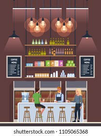 Modern Cafe with young people. Interior Restaurant. Creative Office Coworking Center. University Campus. Modern Workplace. Coffee shop with bar counter. Vector Illustration