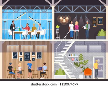 Modern Cafe with young people. Interior Restaurant. Creative Office Coworking Center. University Campus. Modern Workplace. Coffee shop with bar counter, table and chairs. Vector Illustration