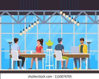 Modern Cafe with young people. Interior Restaurant. Creative Office Coworking Center. University Campus. Modern Workplace. Coffee shop with bar counter, table and chairs. Vector Illustration