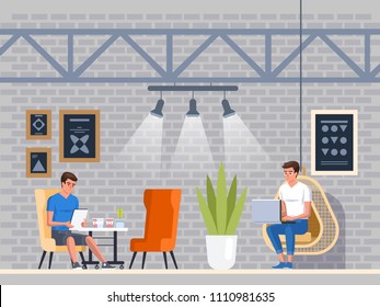 Modern Cafe with young people. Interior Restaurant. Creative Office Coworking Center. University Campus. Modern Workplace. Coffee shop with bar counter, table and chairs. Vector Illustration