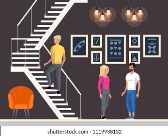 Modern Cafe with young people. Interior Restaurant. Creative Office Coworking Center. University Campus. Modern Workplace. Vector Illustration