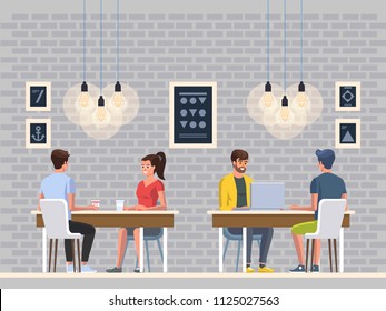 Modern Cafe with young people. Interior Restaurant. Creative Office Coworking Center. University Campus. Modern Workplace. Coffee shop with bar counter, table and chairs. Vector Illustration