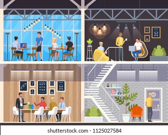 Modern Cafe with young people. Interior Restaurant. Creative Office Coworking Center. University Campus. Modern Workplace. Coffee shop with bar counter, table and chairs. Vector Illustration