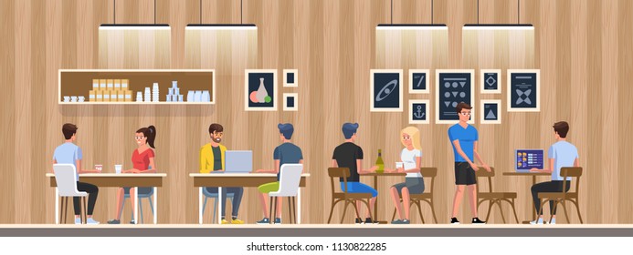 Modern Cafe with young people. Interior Restaurant. Creative Office Coworking Center. University Campus. Modern Workplace. Coffee shop with bar counter, table and chairs. Vector Illustration