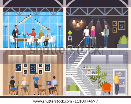 Modern Cafe with young people. Interior Restaurant. Creative Office Coworking Center. University Campus. Modern Workplace. Coffee shop with bar counter, table and chairs. Vector Illustration