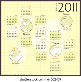 Modern calendar for 2011, with the local times of the great cities of the World. Week starts on Monday. Light version.