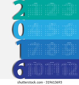 Modern calendar 2016 in multicolor paper style.Vector/illustration.