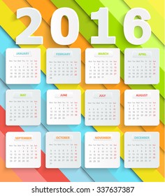 Modern calendar 2016 on a bright colorful background. Vector.