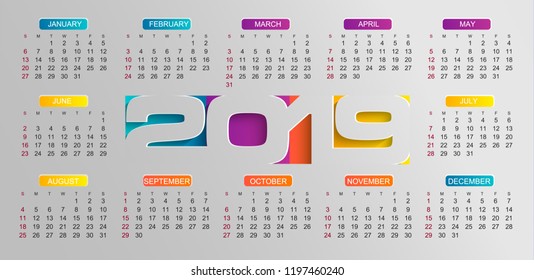 Modern calendar for 2019 year. Holiday event planner. Week Starts Sunday. Vector illustration.