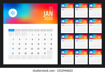 Modern calendar for 2020 year with thin line icons for each month. Vector illustration for monthly planning.