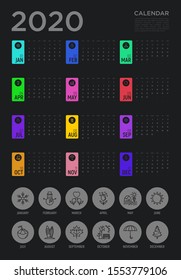 Modern calendar for 2020 year with thin line icons for each month. Vector illustration for monthly planning.