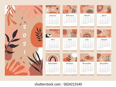 Modern calendar 2021 year. Abstract planner organic hand drawn shapes, month diary page contemporary design. Vector illustration.