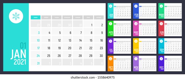 Modern calendar for 2021 year with thin line icons for each month. Vector illustration for monthly planning.
