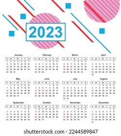 Modern calendar 2023.Week starts on sunday.