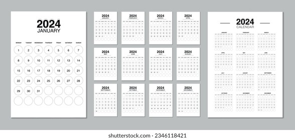Modern calendar 2024 week start Monday. Editable 2024 calendar design template for happy new year