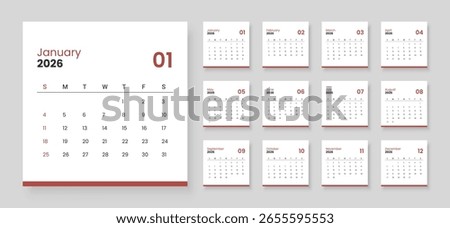 Modern calendar for 2026 year. Week starts on Sunday.