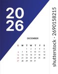 A modern calendar for December 2026 featuring a bold diagonal split between blue and white with the year prominently displayed