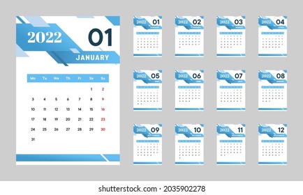 modern calendar design template 2022 year, simple minimal calendar blue color vector concept, even planner