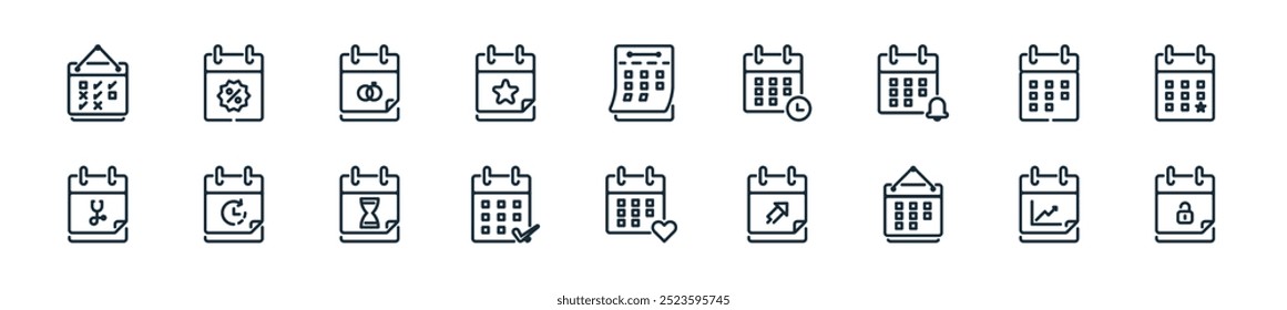 modern calendar icon pack. perfect for linear ui designs featuring vector calendar date, calendar date, date, and more icons for mobile and web apps.