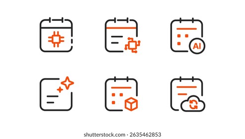 Modern calendar icons: AI-generated events, Web3 launches, and real-time cloud updates. Ideal for cutting-edge tech, blockchain, and automated scheduling applications.