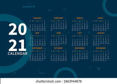 Modern Calendar Layout For 2021 Calendar Design Template. Week Starts On Sunday. Single Page Calendar 2021 Design Vector 