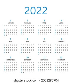 Modern calendar for organization and business - layout for 2022 years.  Week starts from Sunday. Simple and clean design. Isolated from white background. Vector.