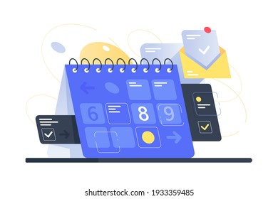 Modern Calendar With Task Managment And Mail App. Concept Schedule Planning Business Using Equipment With Checkbox. Low Poly. Vector Illustration.