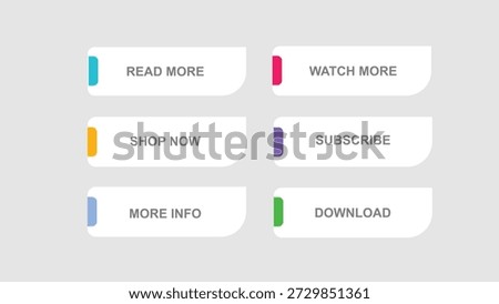 Modern Call to Action Button Set for Web UI UX Design, Read More, Watch More, Shop Now, Subscribe, Download Buttons Vector