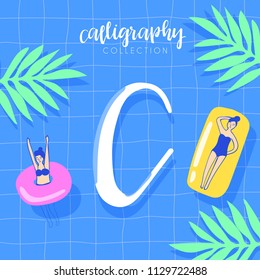 Modern Calligraphy Alphabet on Swimming Pool Background : Vector Illustration